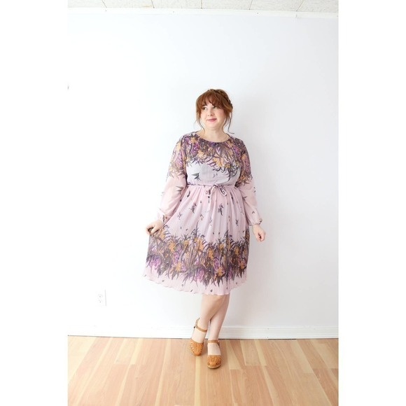 Vintage 1970s Sheer Crinkle Floral Dress Purple Sweet Cottagecore - Picture 7 of 10